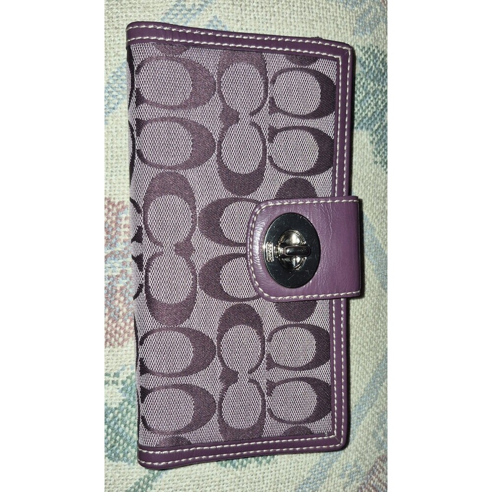 Coach Logo Turn Lock Folding Wallet Purple ID Window for Women